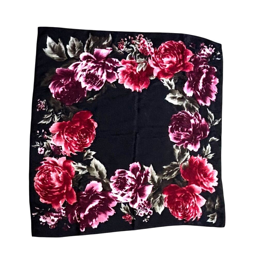 Vintage Talbots silk scarf black brocade finish pink roses & green floral square